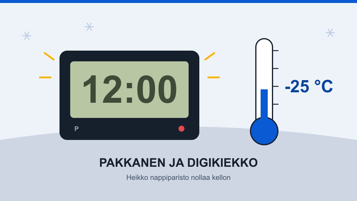 Digitaalisen parkkikiekon näyttö vilkkuu lukemaa 12:00 ja lämpömittari näyttää −25 astetta