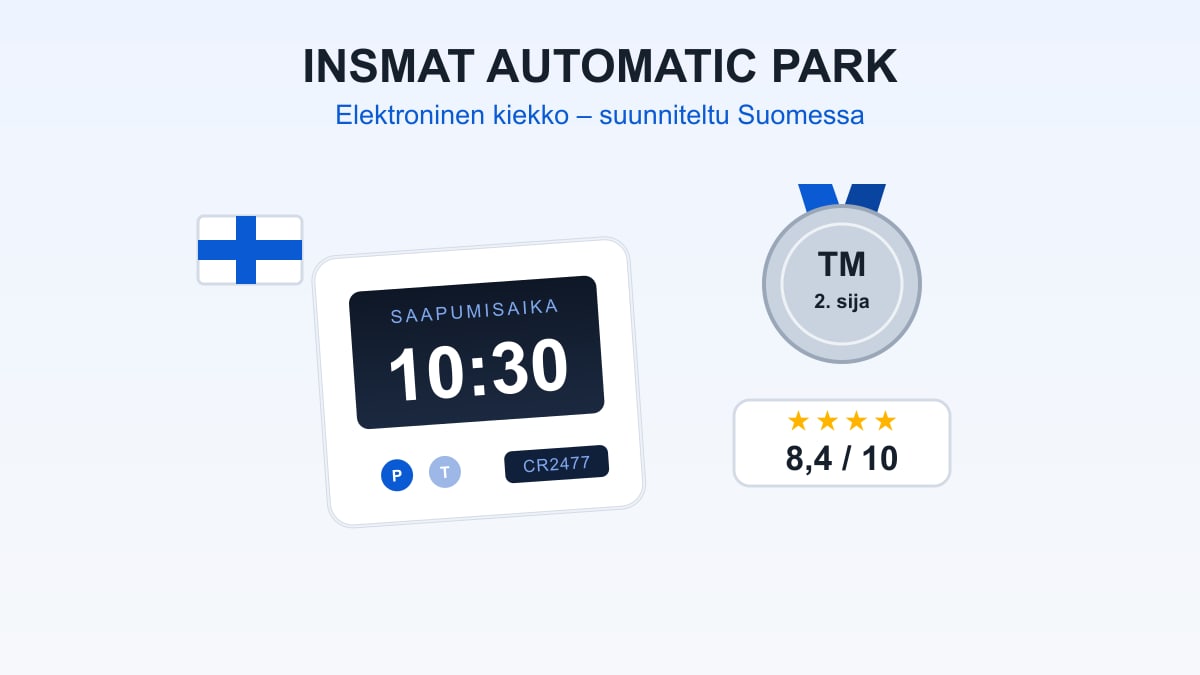 Insmat Automatic Park -elektroninen parkkikiekko, näytöllä saapumisaika 10:30, Suomi-lippumerkki ja TM 2024 hopeasija