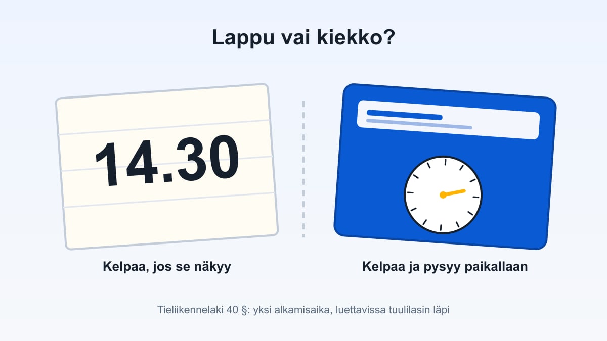 Käsin kirjoitettu aikalappu tuulilasissa parkkikiekon vieressä