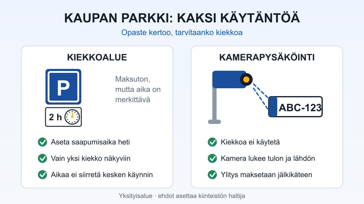 Marketin pysäköintialue, jonka opasteessa aikarajoitus ja kiekkosymboli, sekä kauppakeskuksen puomiton kameraportti