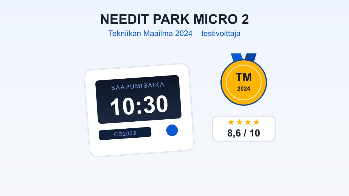 Needit Park Micro 2 -digikiekko, näytöllä saapumisaika 10:30 ja TM 2024 -testivoittajamitali